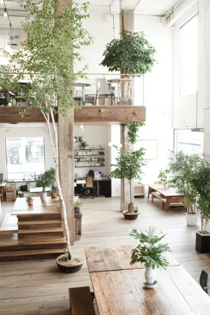 bright open interior with wood beams. trees grow throughout expansive space. tables and chairs sit near plants. light streams in through large window.