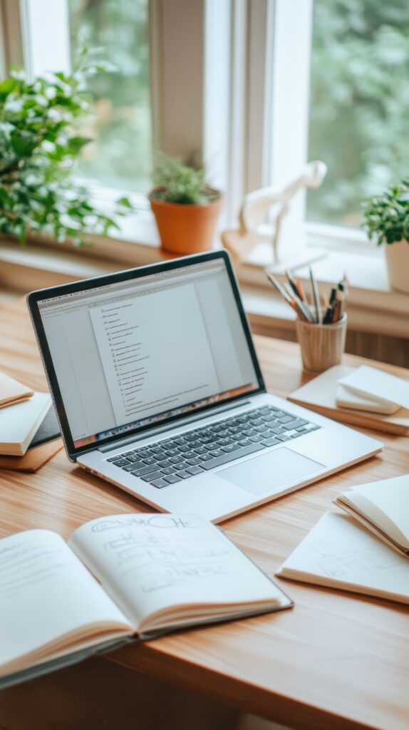 laptop and notebook on wooden desk in natural light home office environment