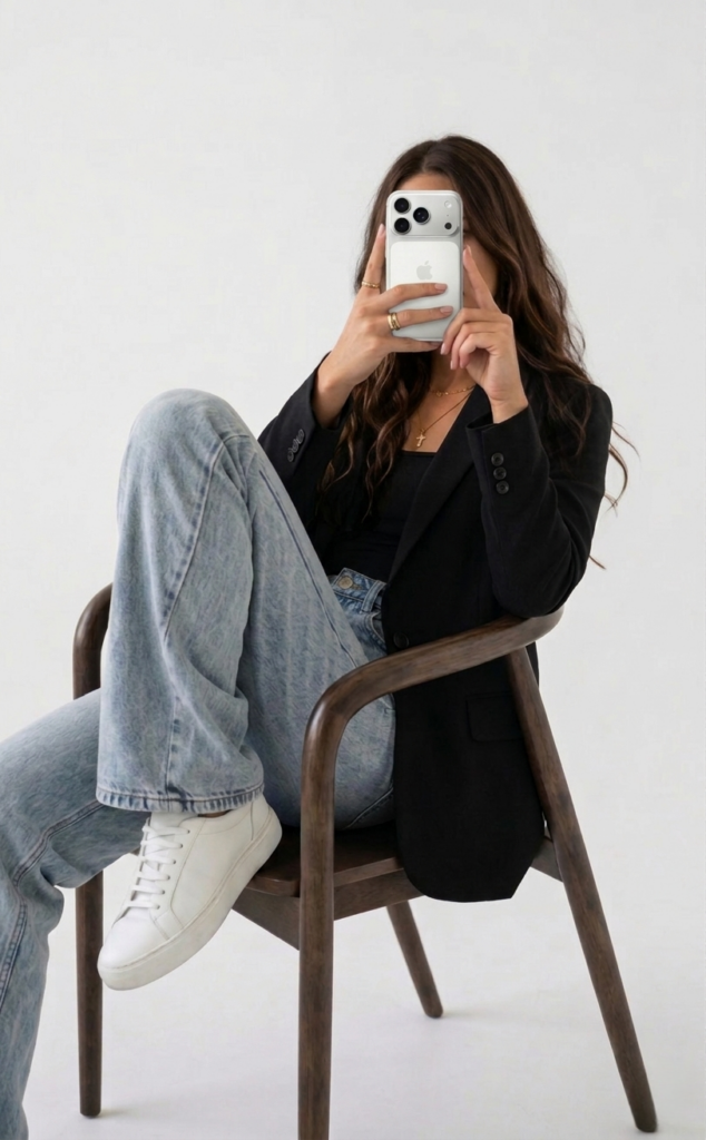 woman iPhone chair working content jeans